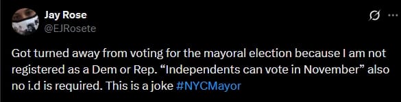 Tweet from a disenfranchised NYC voter.