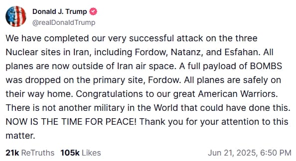 Trump Truth social post on Iran.